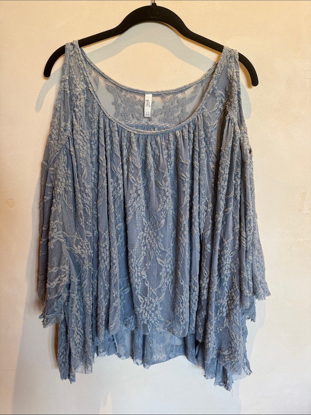 Free People Dusty Blue Lace Cold-Shoulder Flowy Boho Top - size S